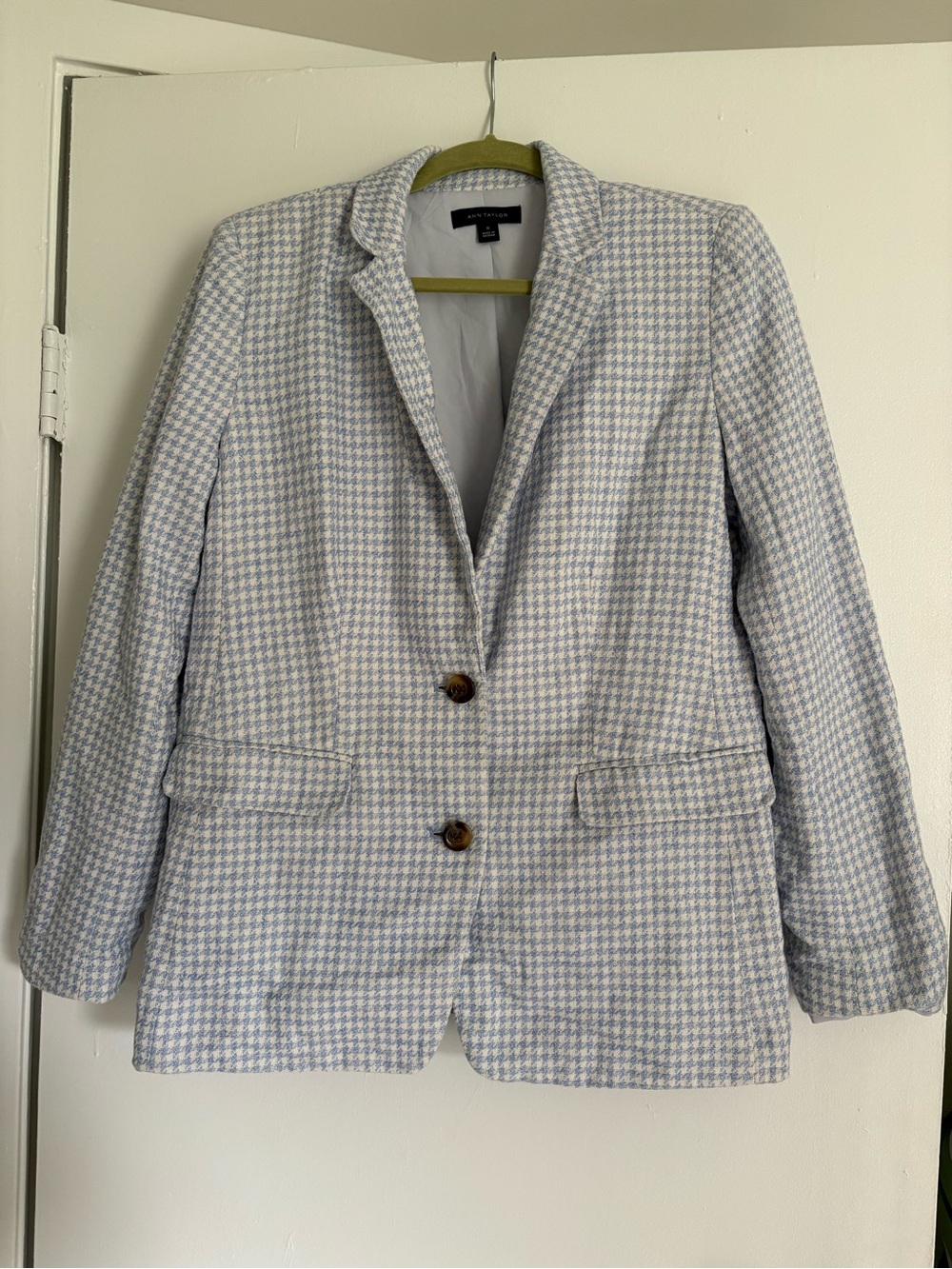 Ann Taylor Light Blue & White Houndstooth Blazer